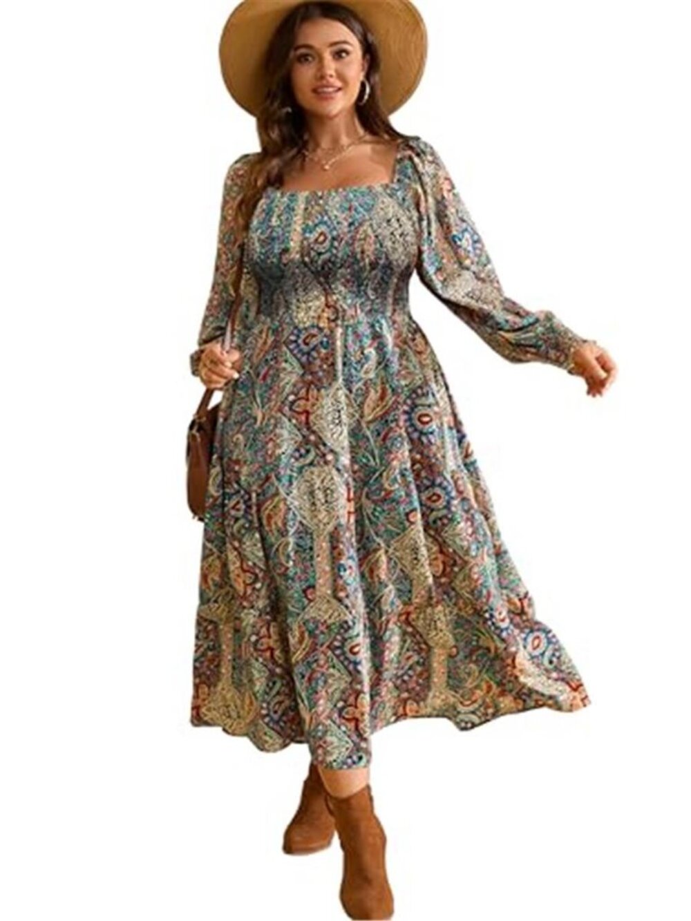 Women Plus Size Fall Dresses Long Sleeve Smocked Boho Floral Maxi Dress